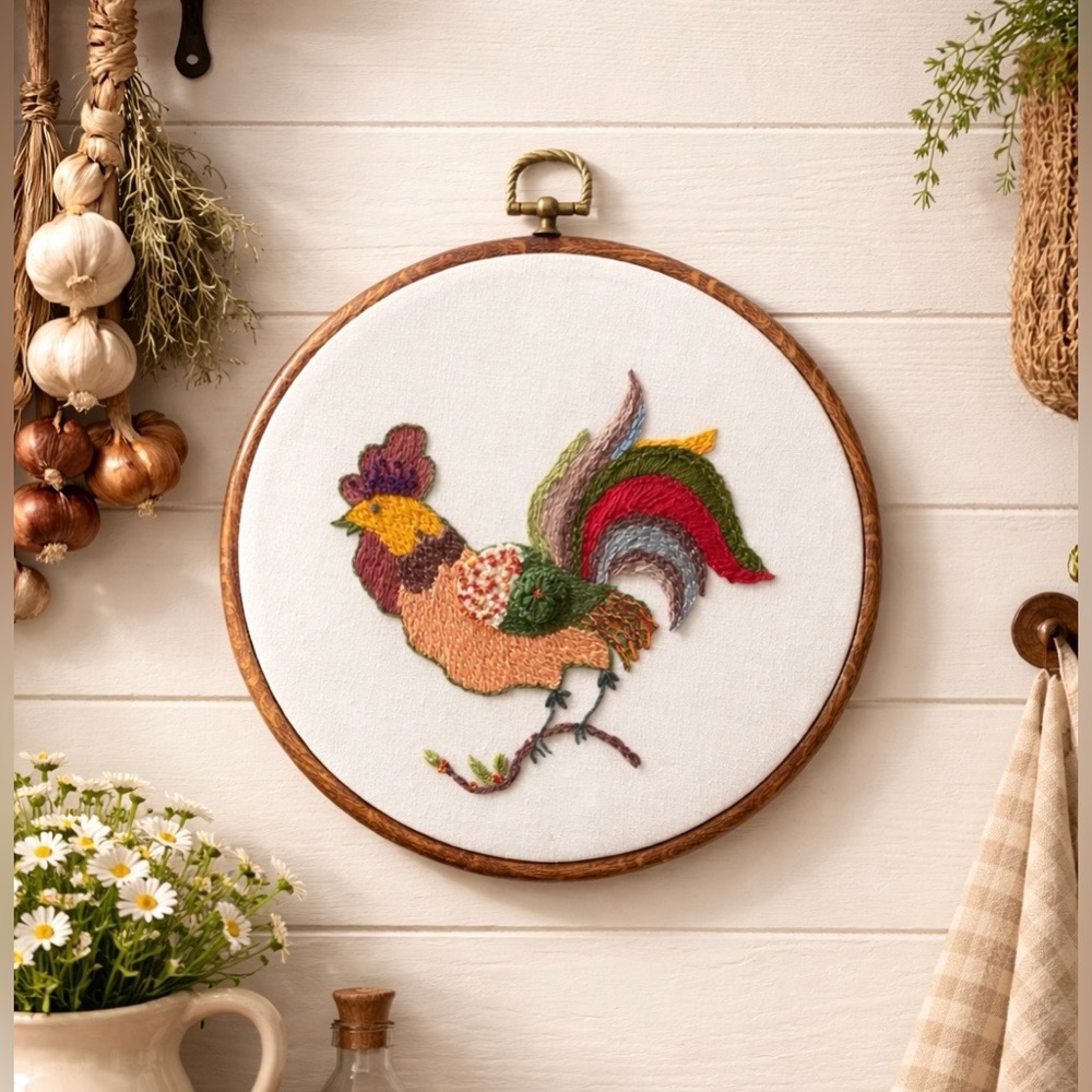 Hand Embroidered Rooster Wall Art/Rustic Farmhouse Decor
